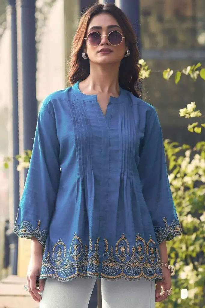 Greyish Blue Heavy Rayon Slub Short Length Kurti
