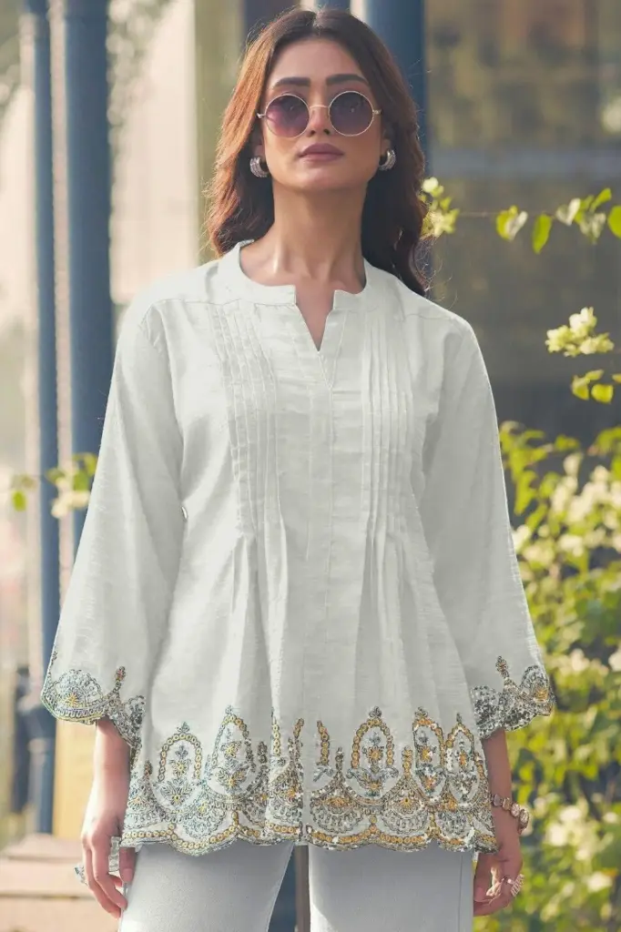 Cream Heavy Rayon Slub Short Length Kurti