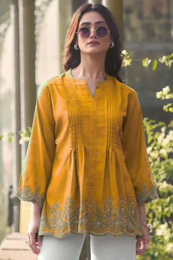 Yellow Heavy Rayon Slub Short Length Kurti