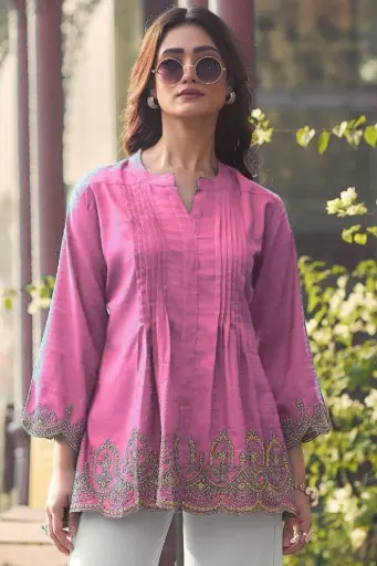 Pink Heavy Rayon Slub Short Length Kurti