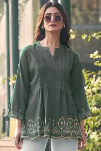 Olive Heavy Rayon Slub Short Length Kurti