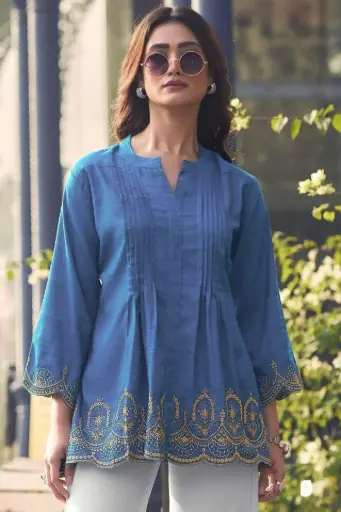 Greyish Blue Heavy Rayon Slub Short Length Kurti